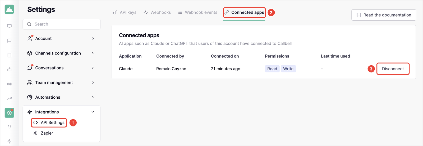 The Connected apps tab in Callbell's API settings