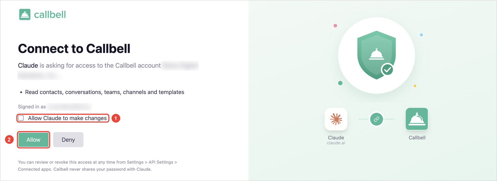 Callbell consent page with the Allow Claude to make changes checkbox and the Allow button