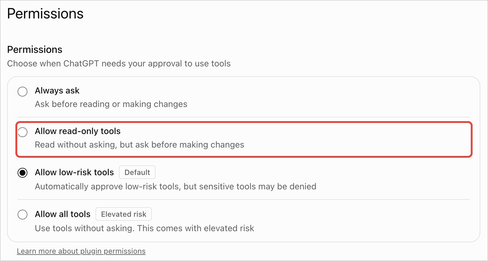 Permission options of the Callbell plugin