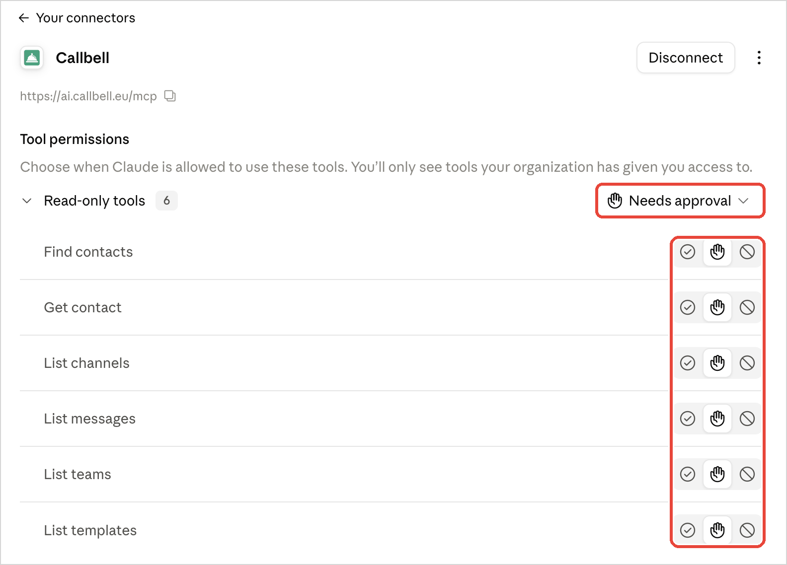 Tool permissions of the Callbell connector