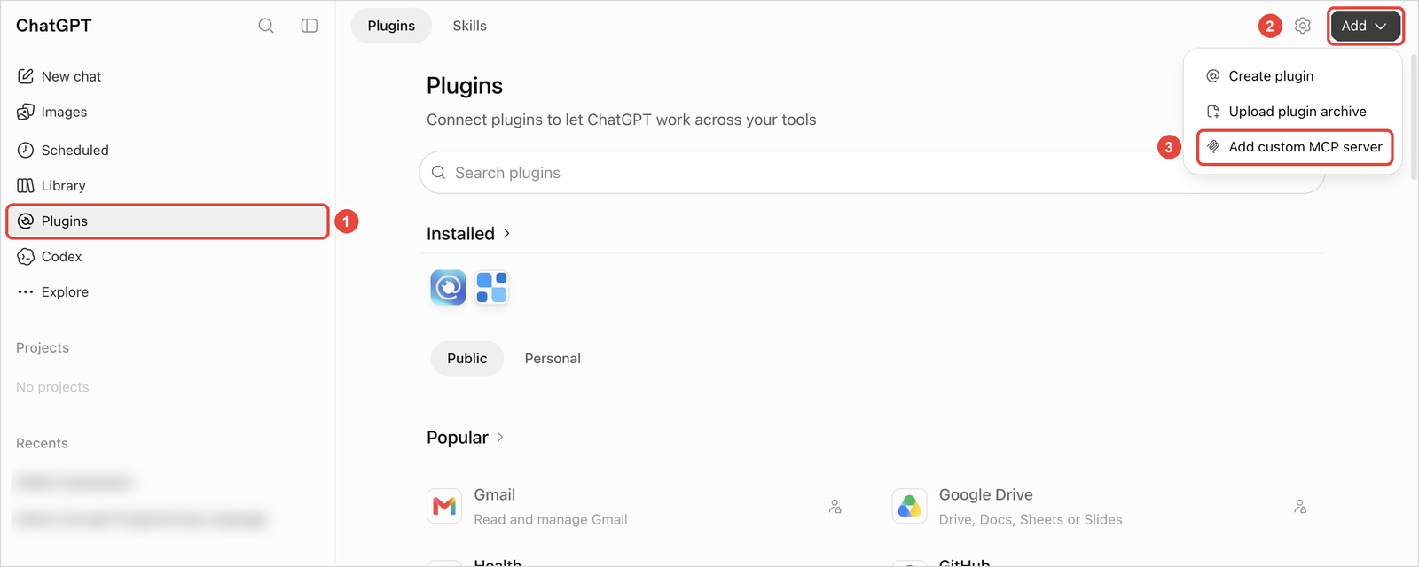 Plugins, Add, Add custom MCP server