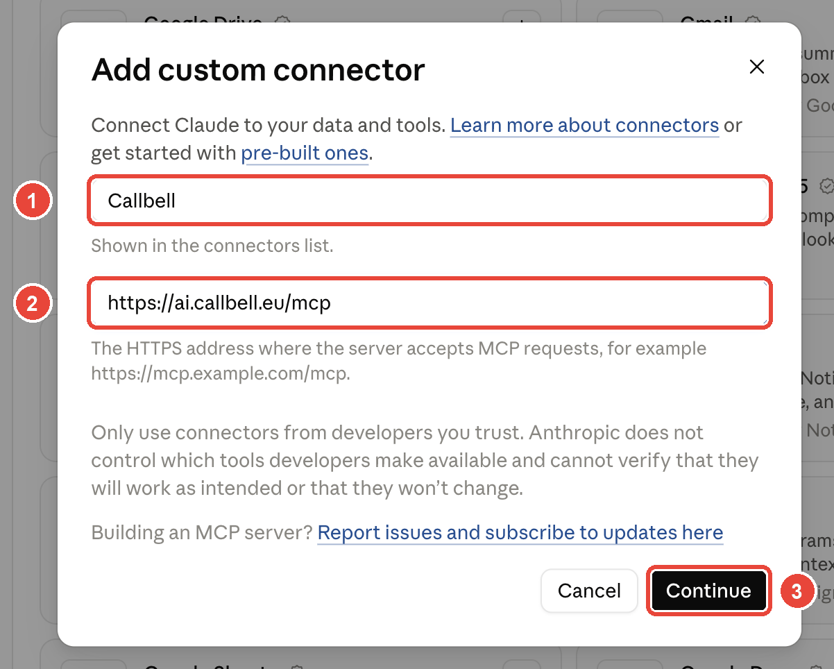 Formulario Add custom connector rellenado con Callbell y https://ai.callbell.eu/mcp