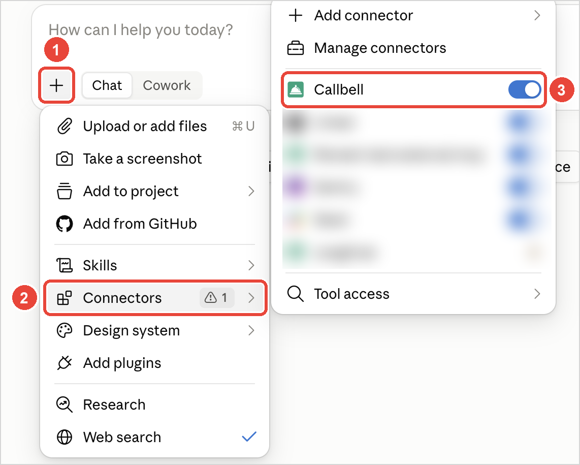 El interruptor de Callbell en el menú Connectors de un chat