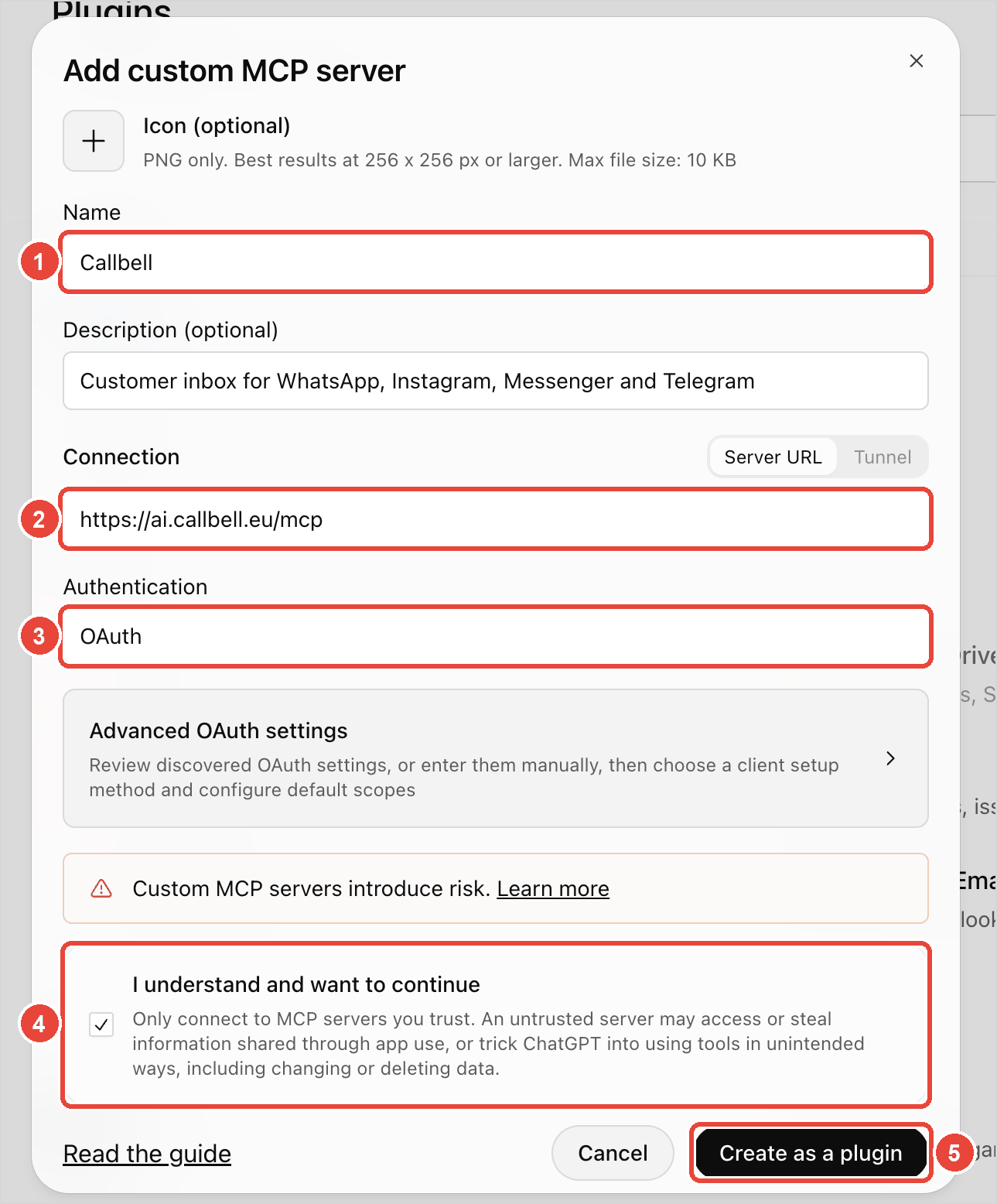 Formulaire Add custom MCP server rempli avec Callbell et https://ai.callbell.eu/mcp