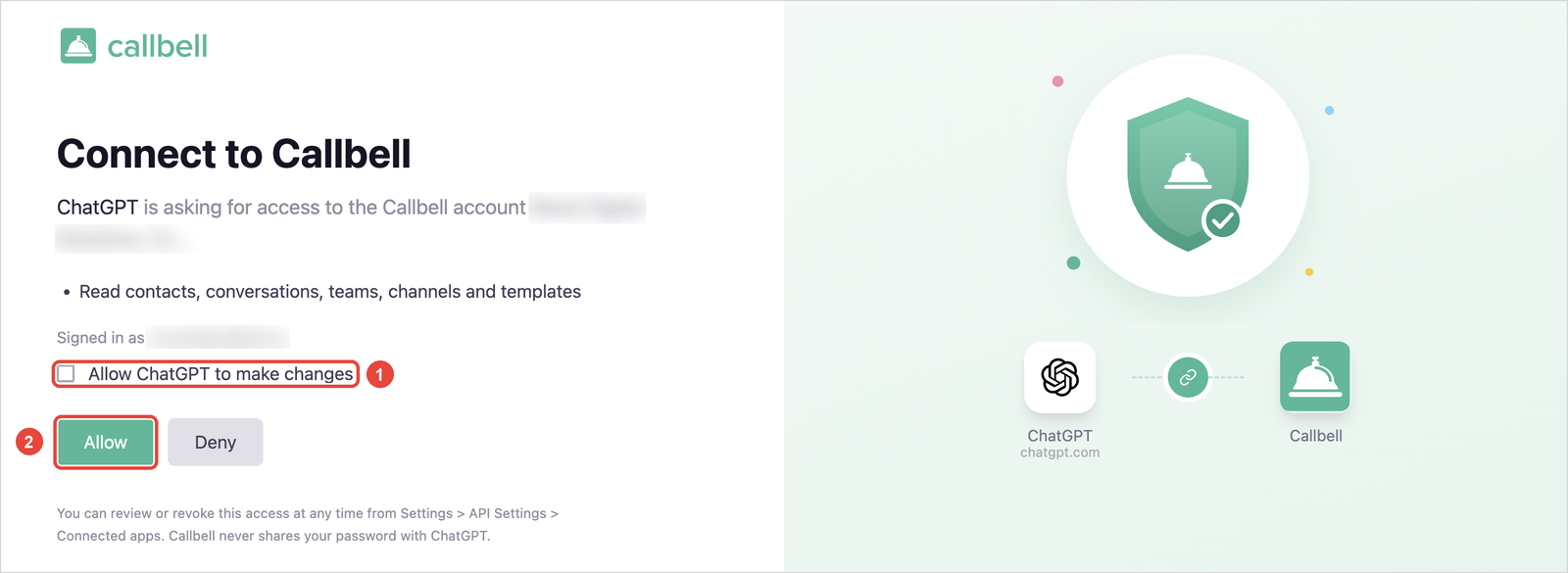 Page de consentement de Callbell avec la case pour autoriser les modifications et le bouton Autoriser