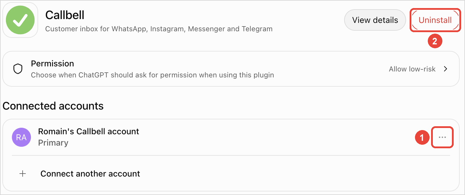 Disconnect et Uninstall dans les paramètres du plugin Callbell